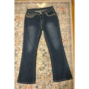 NWT! Meet Me Dark Blue Bootcut Jean w/Brown Embroidered Pockets. Size 15